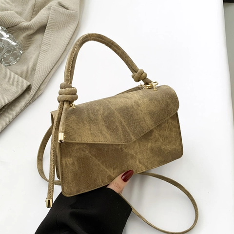 Vintage PU Leder Kleine Quadratische Umhängetasche Für Damen Knoten Griff Umschlag Klappe Goldene Hardware Handtasche