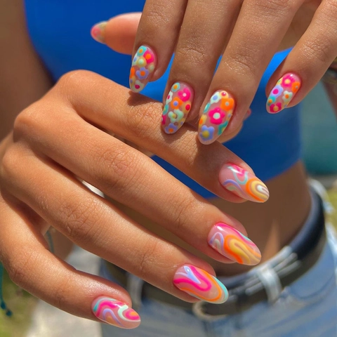 Uñas Postizas A Presión Coloridas Líneas Onduladas Arcoíris Flor Forma Almendra Medio Artificial Resina Para Mujeres Moda