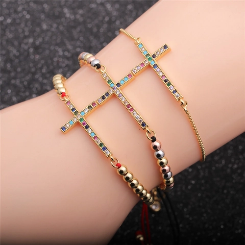 Fashion Cross Bracelet Copper With Colorful Zircon Micro Inlaid Adjustable Rope Bead Chain Jewelry For Women