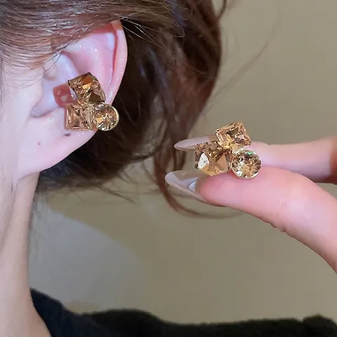 Clip Per Orecchie Geometrica Quadrata Vintage Placcata Oro Rame Strass Orecchini Non Forati Donne Lusso Cristallo Champagne
