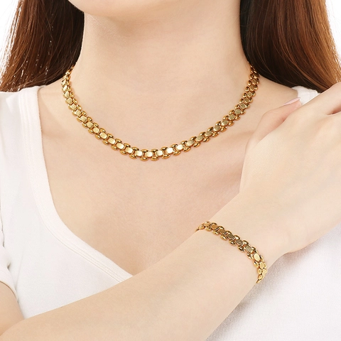 Stainless Steel Necklace And Bracelet Watchband Link Chain Textured Fashion Jewelry For Women