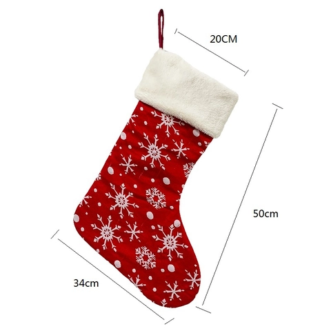 Grande Chaussette De Noël Rouge Avec Motifs Flocons De Neige Revers En Peluche Sac À Cadeaux Décoration De Fête