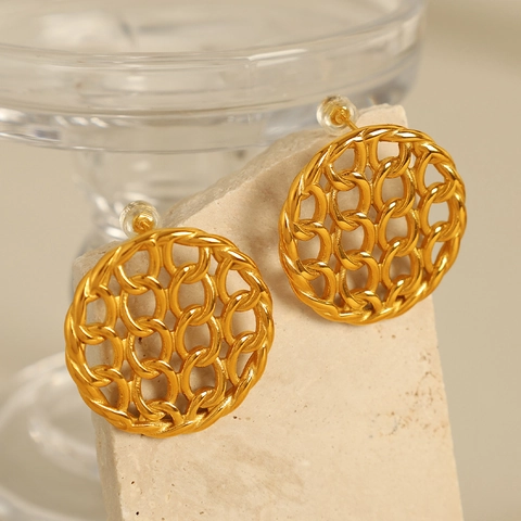 Orecchini in Acciaio al Titanio Placcati Oro in Stile Francese Elegante Design a Disco Traforato a Rete Gioielli Moda Donna