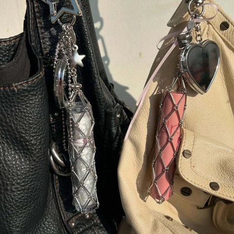 Stainless Steel Mesh Net Bag Lipstick Holder Keychain Bag Charm Heart Star Shape Pendant Y2K Fashion Metal Accessories
