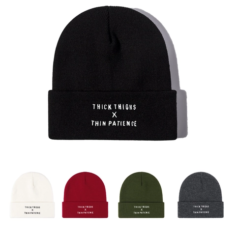 Acrylic Knit Beanie Hat Thick Thighs Thin Patience Embroidered Cuffed Winter Warm Unisex Casual Headwear