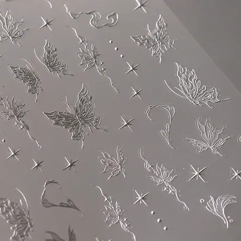 Nail Art Stickers 5D Embossed Butterfly Star Metallic Silver White Adhesive Manicure Decors Ins Style