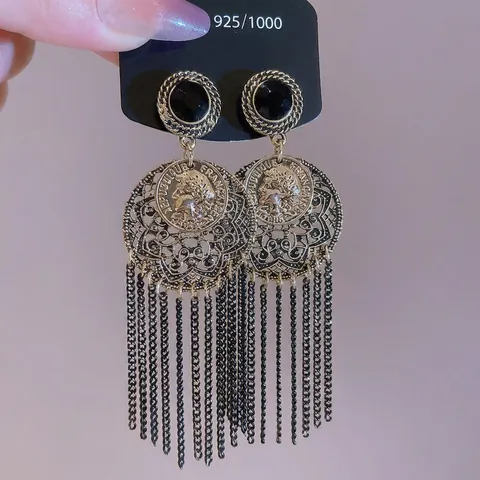 Retro Coin Portrait Long Tassel Earrings Alloy Rhinestone With 925 Sterling Silver Earring Post Hollow Circle Vintage