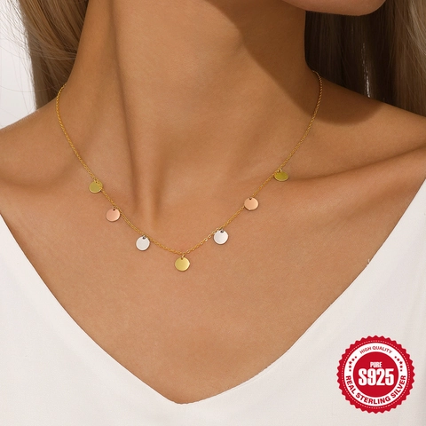 Collier en Argent Sterling S925 pour Femmes Pendentif Disque Rond Tricolore Chaîne de Clavicule Délicate Bijoux de Mode Minimalistes