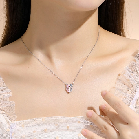 Collana con Ciondolo a Cuore e Fiocco in Argento Sterling 925 Zirconia Rosa e Bianca Regolabile Gioielli Donna Regalo
