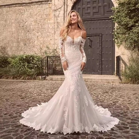 Meerjungfrau Hochzeitskleid Weiß Spitze Schulterfrei Lange Ärmel Lange Schleppe Elegante Brautrobe Für Damen