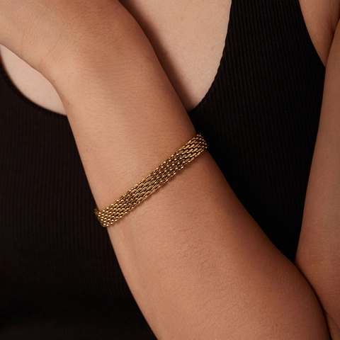 Modern Ins Style Wide Watch Band Mesh Chain Bracelet For Women Stainless Steel 18K Gold Plated Woven Link Bracelet Jewelry