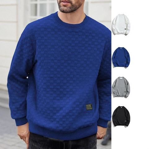 Heren Sweatshirt Met Ronde Hals Wafelrooster Textuur Lange Mouwen Casual Pullover Top Met Patch Streetwear Urban Mode