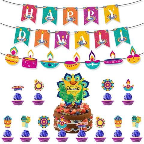 Bannière Happy Diwali Décorations De Gâteau Spirales Ornements Suspendus Papier Fête Des Lumières Décoration Rangoli Diya