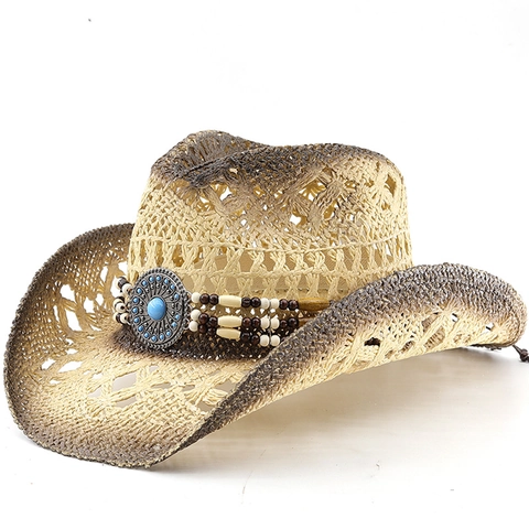 Cappello Da Cowboy Di Paglia Occidentale Traforato Traspirante Protezione Solare Cappello Da Spiaggia Con Perline Etniche Turchese