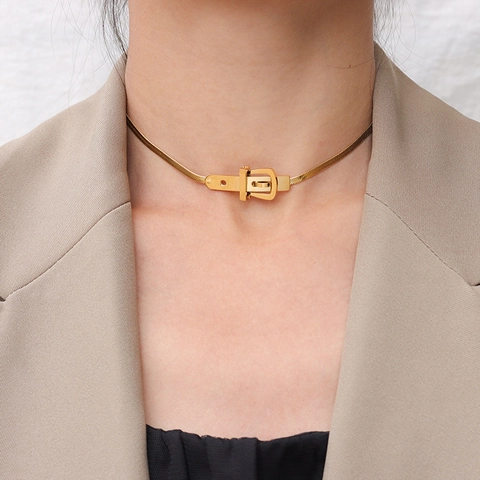 Conjunto de Collar Choker y Pulsera de Acero Inoxidable con Hebilla de Cinturón para Mujer Cadena de Serpiente Chapada en Oro Plata