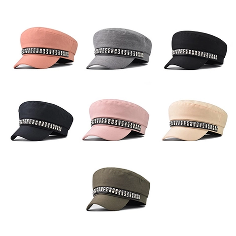 Damen Cadet Hat Retro Militär Kappe Mit Doppelter Reihe Silber Quadratischen Metall Nieten Punk Stil Baumwolle Baker Boy Baskenmütze