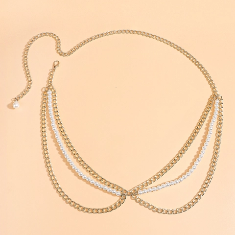 Elegante Cintura A Catena In Vita Multistrato Donna Metallo Alluminio Imitazione Perla Artificial Decorazione Vestito Regolabile Gioielli Per Il Corpo Dolce