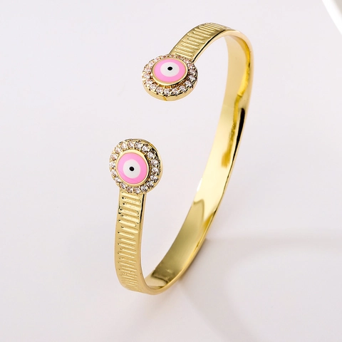 Evil Eye Offener Armreif Kupfer 18K Vergoldet Zirkonia Emaille Verstellbares Armband Für Frauen Minimalistischer Schmuck