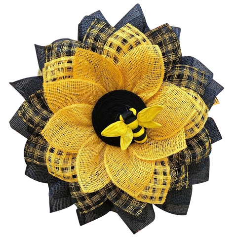 Bee Sunflower Wreath Burlap Mesh Handmade Hanging Garland Front Door Wall Decor Festive Home Ornament