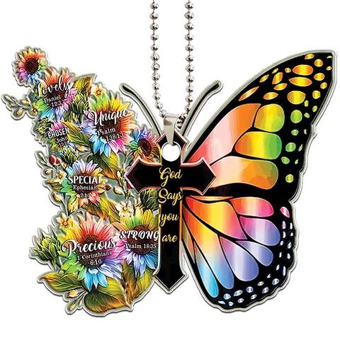 Butterfly Cross Acrylic Hanging Ornament Religious Faith Flower Design For Christmas Tree Or Car Rearview Mirror Decorative