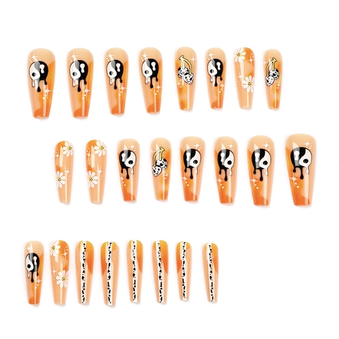 Uñas Postizas Largas Ataúd Degradado Naranja Tai Chi Yin Yang Margaritas Hongos Patrones Y2K Tendencia Graffiti