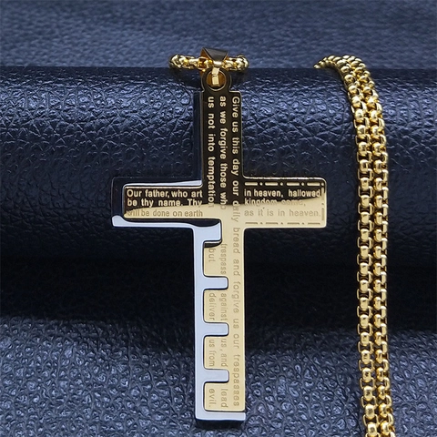 Roestvrijstalen Kruis Hanger Ketting Met Gegraveerd Onze Vader Religieuze Sieraden Met Box Ketting Voor Heren En Dames