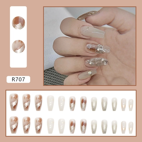 Unghie Finte A Pressione Glitter Argento Metallizzato Design Marmorizzato Forma A Bara Lunghezza Media Stile Ins