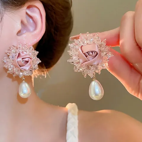 Satin Rose Flower Drop Earrings With Crystal Beads Teardrop Imitation Artificial Pearl 925 Sterling Silver Earring Post Vintage Sweet