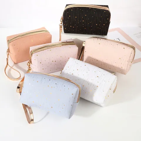 Cosmetic Makeup Bag Portable Travel Wash Pouch Polyester Gold Stamping Star Pattern Zipper Closure With Wristlet Strap