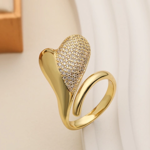 Elegant Asymmetric Heart Open Ring Gold Plated Copper With Micro Pave Zircon Luxury Trendy Jewelry For Women