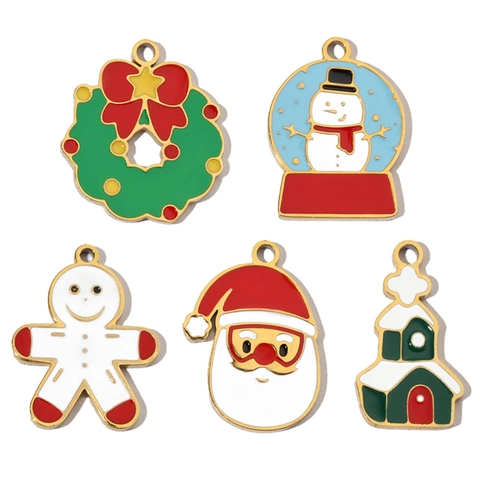 Ciondoli Di Natale Pendente Acciaio Inossidabile Smalto Babbo Natale Pupazzo Di Neve Corona Per DIY Gioielli Decorazione