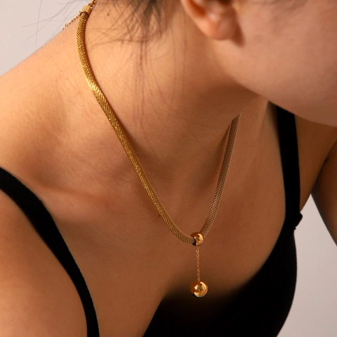 Collana A Y In Acciaio Inossidabile Placcato Oro 18 Carati Pendente A Sfera Catena A Maglia Piatta Gioielli Donna