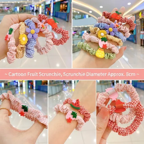 Chouchous En Tissu À Carreaux Avec Décor Dessin Animé Animal Fruit Élastiques À Cheveux Pour Filles Tout-Petits Kawaii