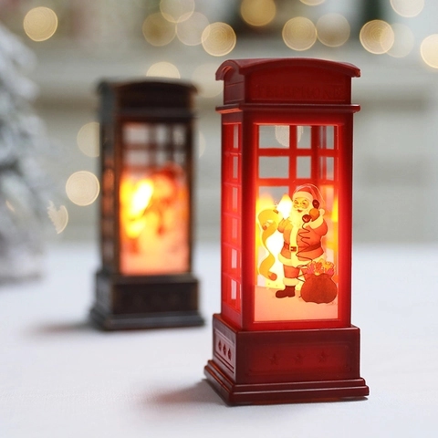 Christmas LED Lantern Retro Telephone Booth Santa Snowman Ornament Mini Hanging Night Light Desktop Holiday Decor Gift