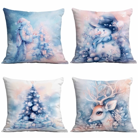 Funda De Almohada De Navidad Azul Felpa Corta Suave Acuarela Muñeco De Nieve Papá Noel Reno Funda De Cojín Decorativa