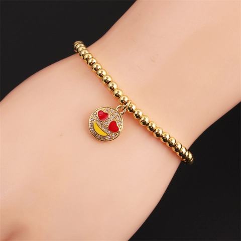 Smiley Gesicht Perlenarmband Gold Vergoldetes Kupfer Mit Bunten Zirkonia Herzaugen Elastischer Schmuck Damen