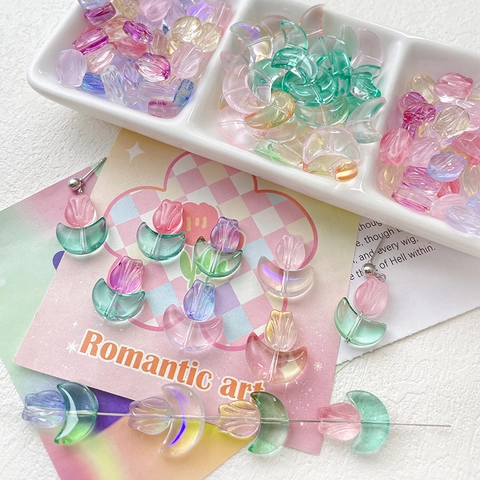 Tulip Flower Crescent Moon Glass Beads Gradient Color Iridescent DIY Jewelry Making Accessories For Bracelet Aurora