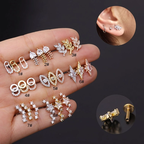 Stainless Steel Flat Back Labret Stud Ear Cartilage Piercing Jewelry Micro Pave Zircon Internal Thread Leaf Eye