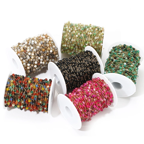 Round Natural Stone Beaded Chain Stainless Steel For DIY Jewelry Making Gold Plated Accessory Handcrafted Supplies