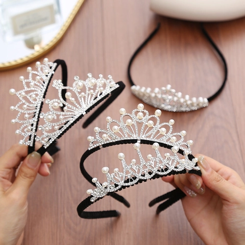 Handmade Alloy Crown Headband With Imitation Artificial Pearls And Rhinestones Princess Tiara For Women Girls