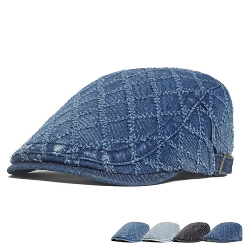 Vintage Gewassen Denim Baret Platte Pet Katoen Verstelbaar Ruitjesstiksels Britse Stijl Mannen Vrouwen