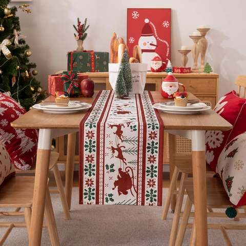 Camino De Mesa Navideño Poliéster Impresión Digital Reno Trineo Campana Copos De Nieve Decoración Fiesta Rojo Verde Blanco
