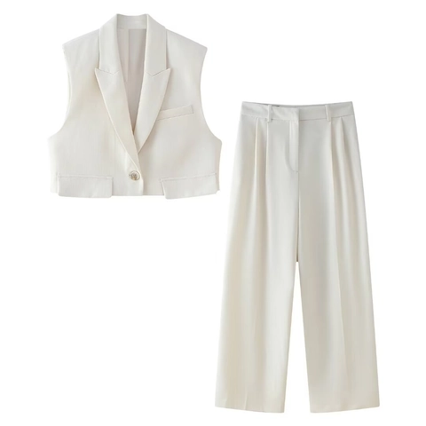 Gilet Corto Senza Maniche E Pantaloni A Gamba Larga Completo Misto Lino Ufficio Elegante Da Donna