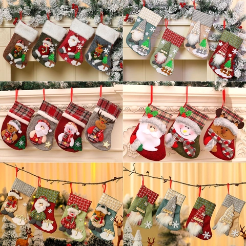 Calze Di Natale Lino Iuta Feltro Ornamento Da Appendere Decorazione Camino Cartone Animato Babbo Natale Pupazzo Di Neve Renna Orso Sacchetti Regalo