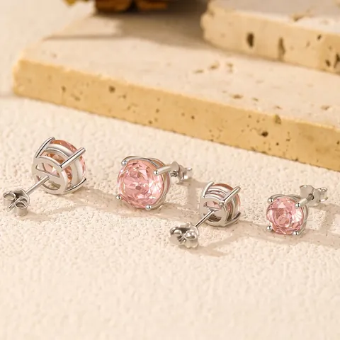 Funkelnde Rosa Runde Zirkon Ohrstecker Mit 925 Sterling Silber Ohrpfosten Einfacher Vierklauen Schmuck Für Damen