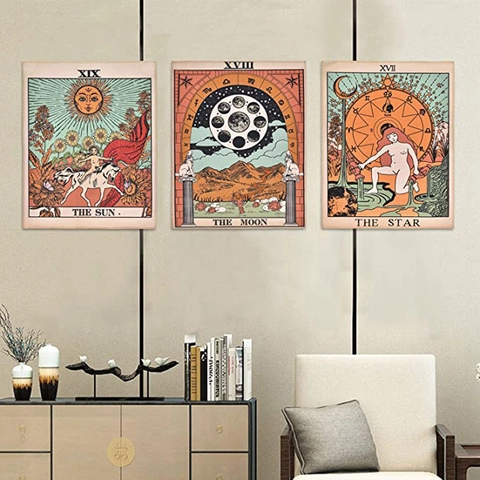 Arazzi Da Parete Tarot Boho Vintage Sole Luna Stella Poliestere Cotone Tessuto Appeso Con Nappine Decorazione
