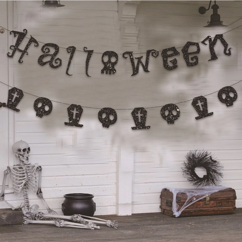Striscione Halloween Lettere Glitter Nere Pipistrello Teschio Ghirlanda Decorazione Festa Fondale Casa Stregata