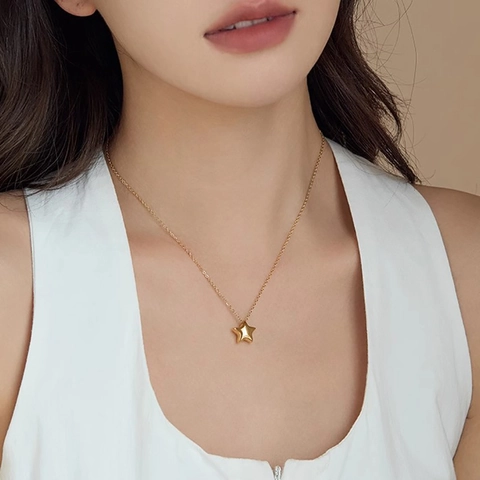 Collier Pendentif Étoile Acier Inoxydable Cuivre Plaqué Or Poli Miroir Minimaliste Vintage Collier Clavicule Bijoux Femmes