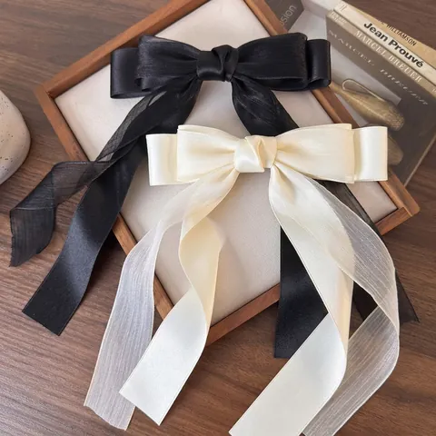 Large Bow Hair Clip With Long Streamers French Style Satin Chiffon Elegant Hair Accessory For Women Girls