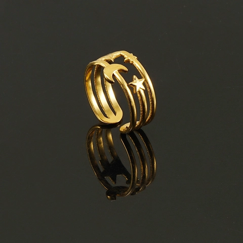 Star Moon 18K Gold Plated Stainless Steel Ring Layered Hollow Open Adjustable Fashion Finger Jewelry For Women